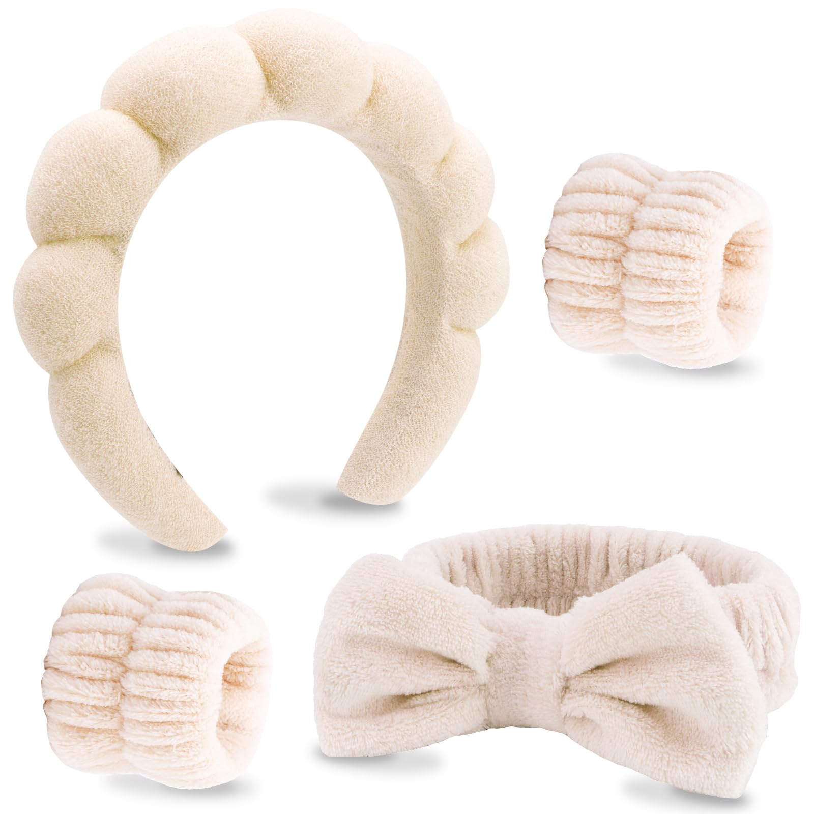 VELSCRUN 4 Pcs Spa Headband Face Wash Headband Khaki Bow Tie Bubble Microfiber Hairband for Women Hair Accessories Gifts